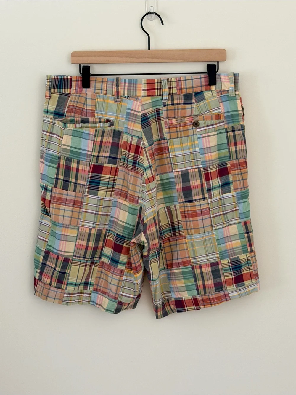 Vtg 90s Y2K J Crew Mens Patchwork Rainbow Madras Plaid Shorts Cotton trending